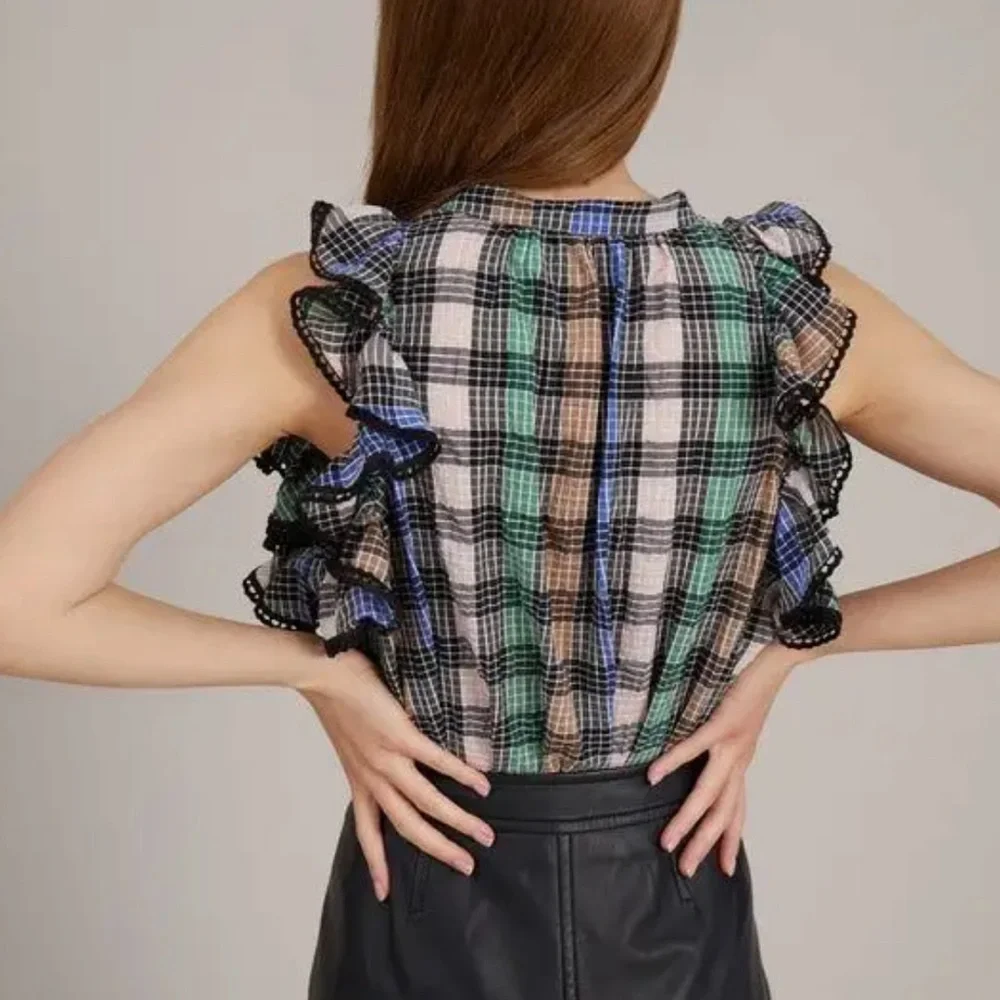 Munthe Ruffled Plaid Sleeveless Blouse Tassel Tie Womens Size 38 (M) - Picture 3 of 8